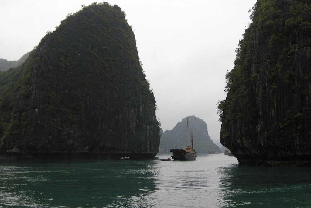 Tower karsts rising from the water in Ha Long Bay, Vietnam