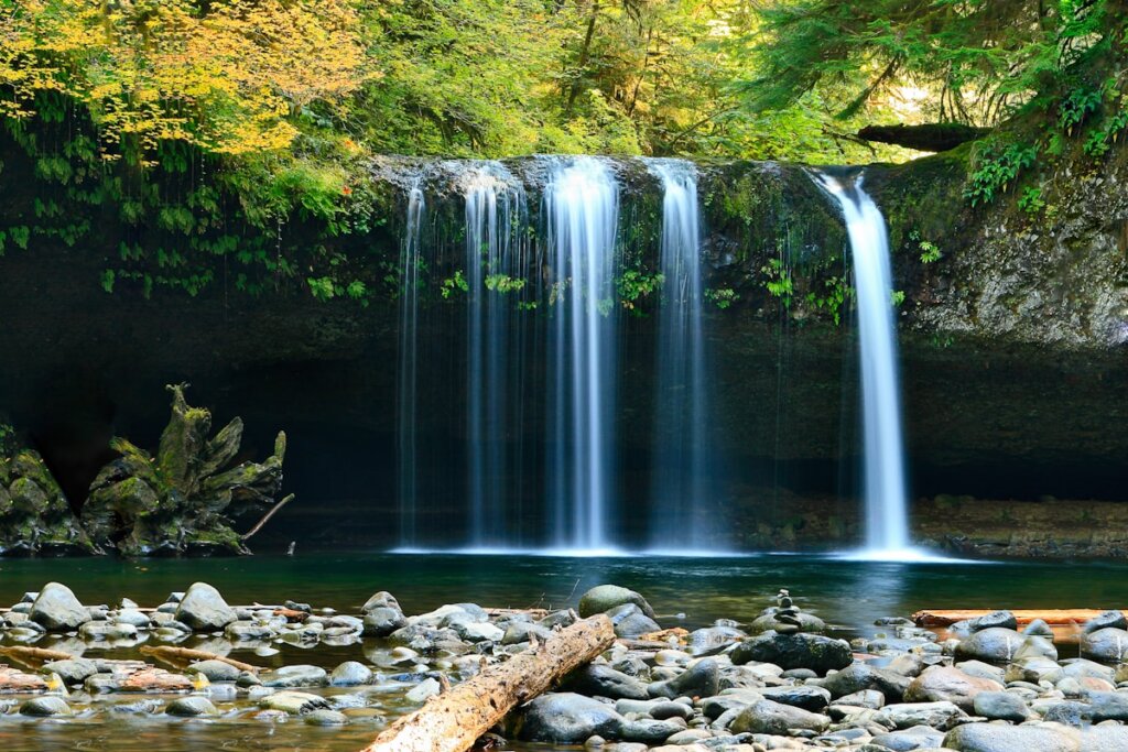 Tropical waterfall with natural pool in Palawan Philippines jungle